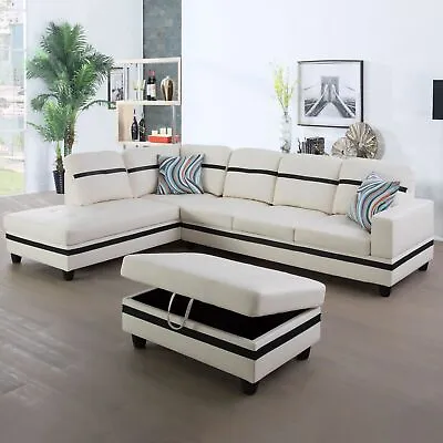 White 3PC PU Leather Sofa Set L-Shape Chaise Ottoman Living Room Couch Furniture • $724.43