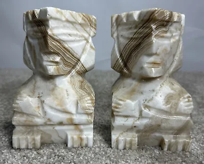 Pair AZTEC MYAN TOTEM POLE MEXICAN ONYX AGATE MARBLE BOOKENDS • Heavy • NICE!! • $25