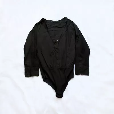 Zara Black Button Front 3/4 Sleeves V Neck Bodysuit Top Size Small  • $10