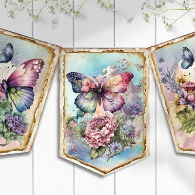 £5.79 • Buy Shabby Chic Butterfly Bunting Hanging Decoration Flags Tea Party Floral Roses