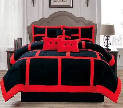 Black Red Micro Suede Faux Fur Patchwork 7 Pcs Cal King Queen Size Comforter Set • $149.99