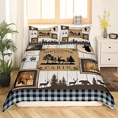 Retro Cabin Queen Comforter CoverRustic Lodge Bear Moose Deer Bedding Campin... • $42.22