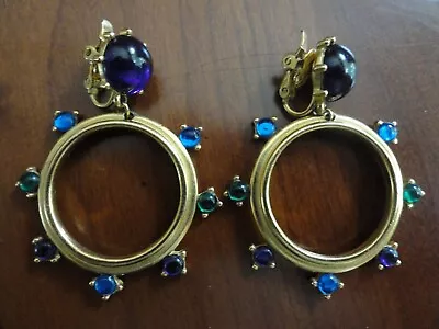 Vtg Trifari Gold Tone Amethyst & Sapphire Cabochon Clip Earrings - 2  - Signed! • $30