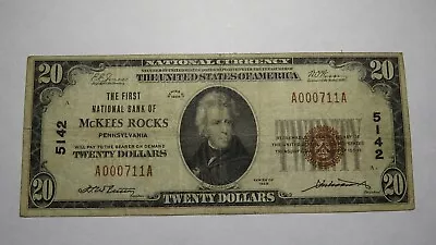 $20 1929 McKees Rocks Pennsylvania PA National Currency Bank Note Bill 5142 Fine • $265.99