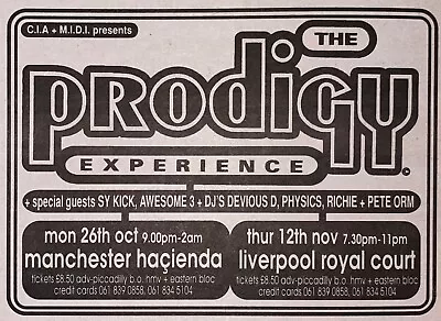 The Prodigy - Gig Advert - Manchester Hacienda / Liverpool Royal Court - 1992 • £2.99
