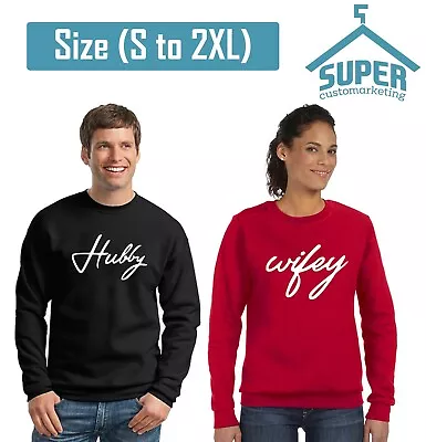 Hubby Wifey Couple CREWNECK Sweatshirt Cute Best Matching Wedding Day (BLACK-RED • $59.99