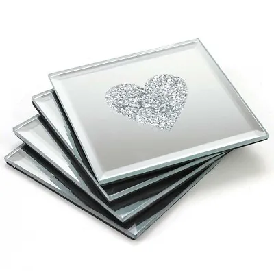 Lustre Love Heart Silver Sparkle Glitter Mirrored Glass Coaster Set Of 4  Mat Ho • £10.95