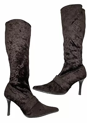 Amanda Smith Fleur 6.5 M Brown Floral Embroidered Crushed Velvet Knee High Boots • $18.99