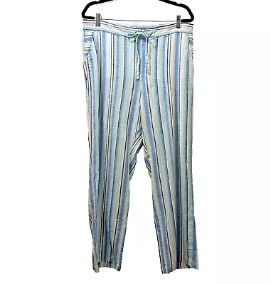 Vince Camuto Linen Cotton Drawstring Beach Pants Sz L Blue White Striped Coastal • $24.99