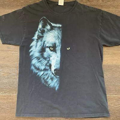 Vintage Wolf Half Face Shirt Men’s L Black Blue Fruit Of The Loom Glowing Eye • $18