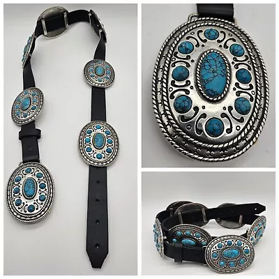 Nacona Belt Co. Leather Silver Tone Turquoise Buckle Native American Navajo  XL • $99