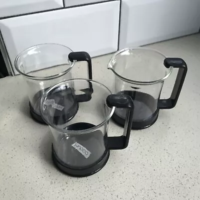 Bodum Set Of 2 Bistro Glass Coffee Cups And Jug Mugs Black Plastic Vintage • £9.99