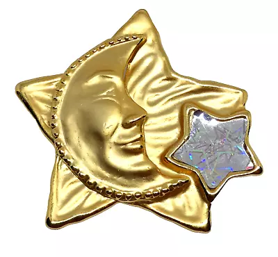 Vintage Jonette JJ Brooch Matte Gold Tone Celestial Man In The Moon Star • $19.95