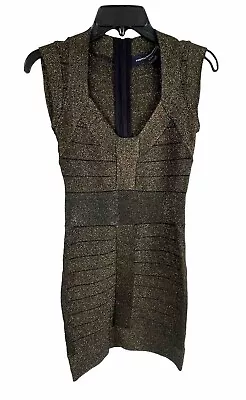 French Connection Bandage Bodycon Dress Metallic Black Gold Size 2 Citrate Small • $19.88