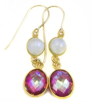 14k Gold Mystic PInk Topaz Earrings Moonstone Faceted Bezeled Double Teardrops • $61