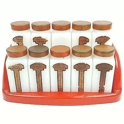 Vintage 1940's Griffith Laboratories Hanging Spice Rack 10 Milk Glass Jars Set • $74.99