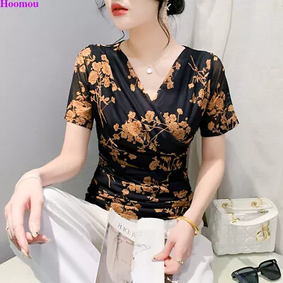 Women Vintage Floral Cross V-neck Mesh Slim Pullover T-shirt Casual Tops Blouse • $33.61