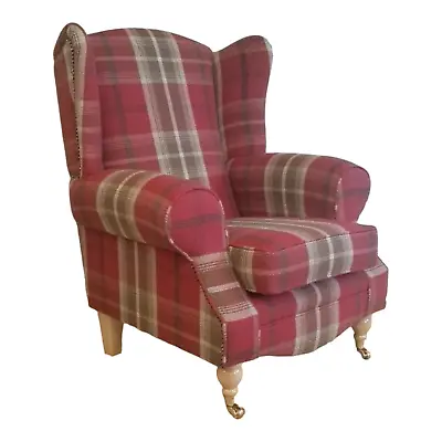 Wing Back Queen Anne Cottage Chair  Balmoral Red Tartan With Light Wood Legs   • £479