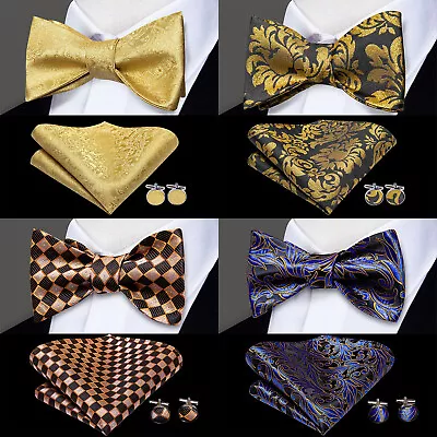 Mens Bow Tie Adjustable Gold Pink Black Solid Gold Wedding Self/Pre-Bowtie Set • $10.99