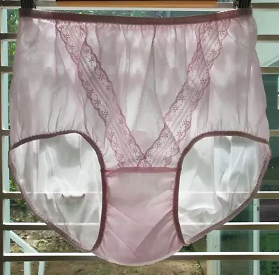 VTG Sheer Nylon Panty Pink Sissy V Lace Double Gusset Brief Size 8/XL Hip 40-44  • $29.27