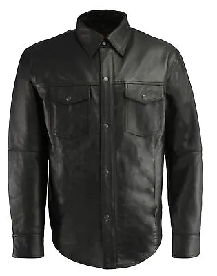 Men's Leather Shirt 100% Genuine Lambskin Motorcycle Jacket Uniform Shirt Black • $130