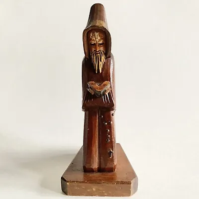 Vintage Friar Monk Hand Carved Wood Statue Statuette Folk Art 9” Figure Brown • $14.39