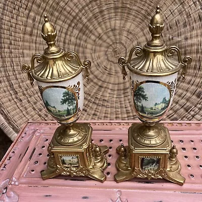 2 Vintage HORCHOW Italy Ornate Imperial Mantle Brass & Porcelain  14 X6 X4  Urns • $520