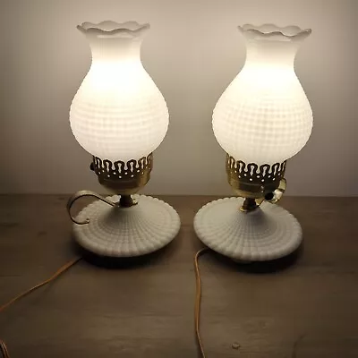 Vintage Pair Of Hobnail Bedroom Boudoir Hurricane Milk Glass Lamps Tested • $44.49