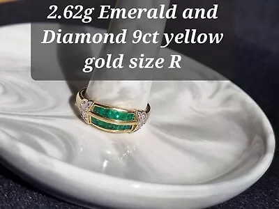 9ct Emerald And Diamond Ring Square Cut Emeralds Solid Chunky Ring Size R 375 9k • £225