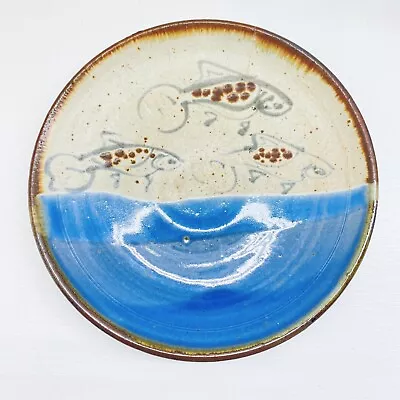 Art Pottery Stoneware Plate Dish Swimming Fish Pattern Blue Brown • $24.99