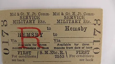 Railway Ticket (M &GNJR) Hemsby To (Blank) Service Military 1st Return Undated • $1.25