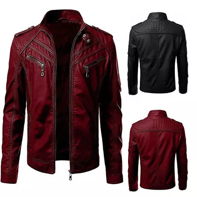 Motorcycle Leather Jacket Mens Splicing Stand Collar Zip Punk Biker Jackets Coat • $55.51