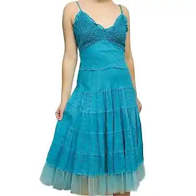 Y2K Dress Midi A-line Blue Fairy Mermaid Tiered Summer Cotton Dainty Small • £45.60