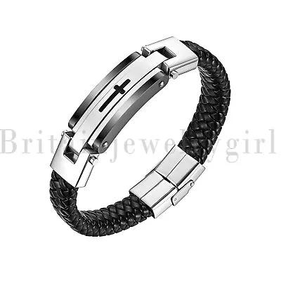 Cross Leather Braided Bracelet Stainless Steel Religious Cuff Bracelet For Men • $14.99