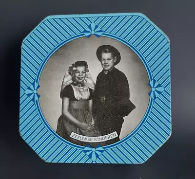 Vintage Small Holland Candy Tin 8 Sided Blue With Photos • $16