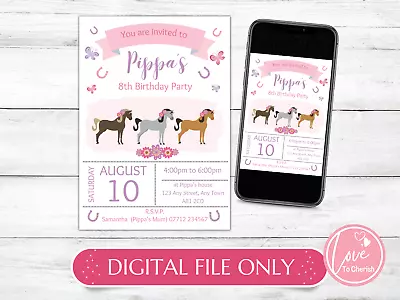 DIGITAL Horses PERSONALISED Invitations-Girls Pony Riding Birthday Party Invites • £4.95