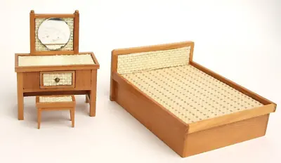 Vintage Dollhouse Vanity Dressing Table W/Mirror & Stool & Bed Lot - Wood Woven • $22.95