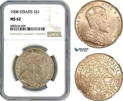AJ343 Straits Settlements Edward VII 1 Dollar 1908 Bombay Mint NGC MS62 • $779