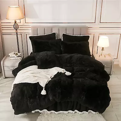 Plush Black Duvet Cover Queen Fluffy Soft Faux Fur Velvet Comforter Cover Luxu • $198.88
