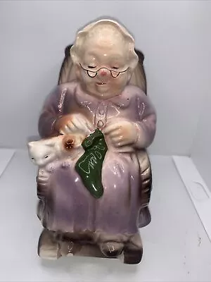 VINTAGE Ceramic Old Lady Knitting In A Rocking Chair With A Cat..coin Bank Money • $18.50