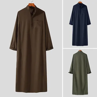 Vintage Men's Long Sleeve Saudi Islamic Kaftan Abaya Thobe Long Robe Dress Shirt • $22.32