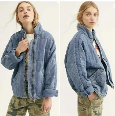 RARE Free People Jacket Quilted Denim Dolman Medium Wash Blue Cotton Oversized • $85