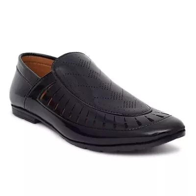 New Men's Black Mojari Fully Nagra Faux Jutti Leather Ethnic Style Lofer Shoes • £18.89