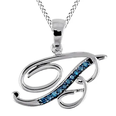 Blue Natural Diamond Initial  B  Pendant With 18  Chain Necklace Sterling Silver • $53.99