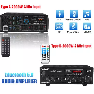 2000W Digital Power Amplifier Bluetooth Stereo HiFi Audio 2CH USB SD FM Car Home • £37.99