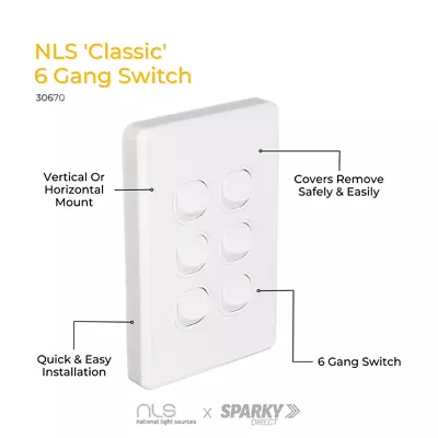 NATIONAL LIGHT SOURCES  NLS 30670 | 6 Gang Switch 10 Amp | 'Classic' Style White • $11.19