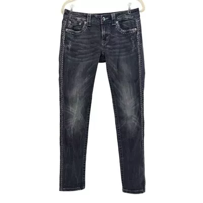 Miss Me Signature-Rise Skinny Distressed Black Rhinestone Denim Jeans Womens 29 • $31.19
