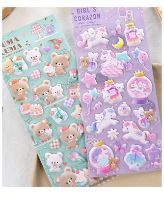 3D Puffy Foam Kawaii Bears And Unicorn Sticker Sheet Cute Stationary For Kids • £2.99