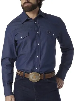 Brand New Wrangler Men’s Cowboy Cut Western Snap Work Firm Shirt Denim Blue 16 • £18.99