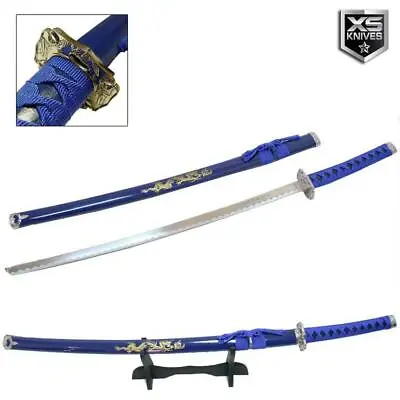 40  Blue KATANA Sword DRAGON Carbon Steel Blade Collectible SAMURAI W/ Stand • $39.95